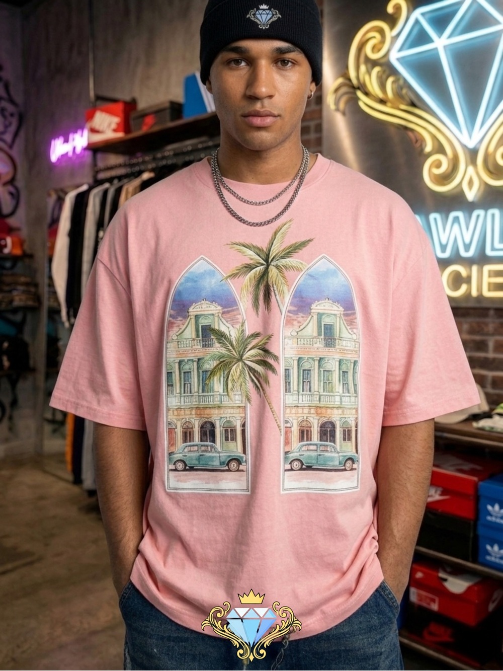 Sumwon x SHEIN Pink Oversized Graphic Tee Palm Trees Vintage Cars Size L